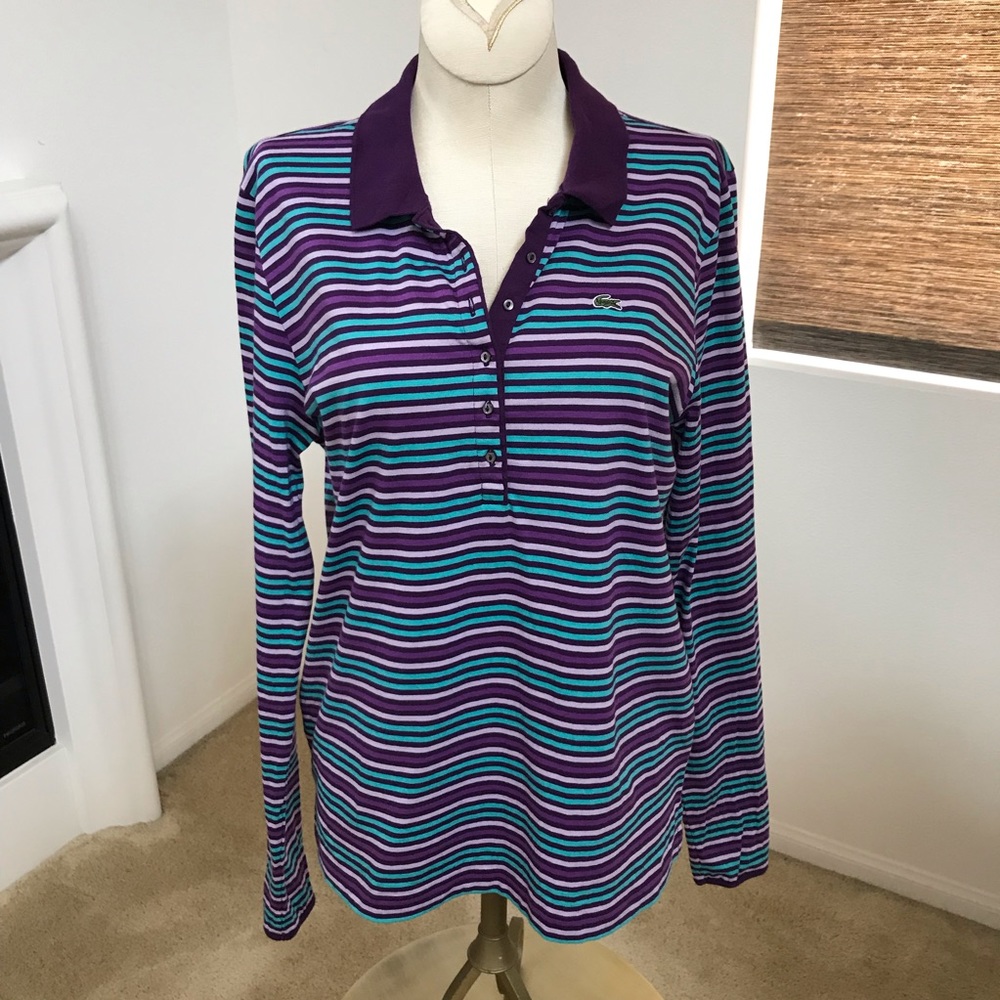 Lacoste striped V neck collared long-sleev…